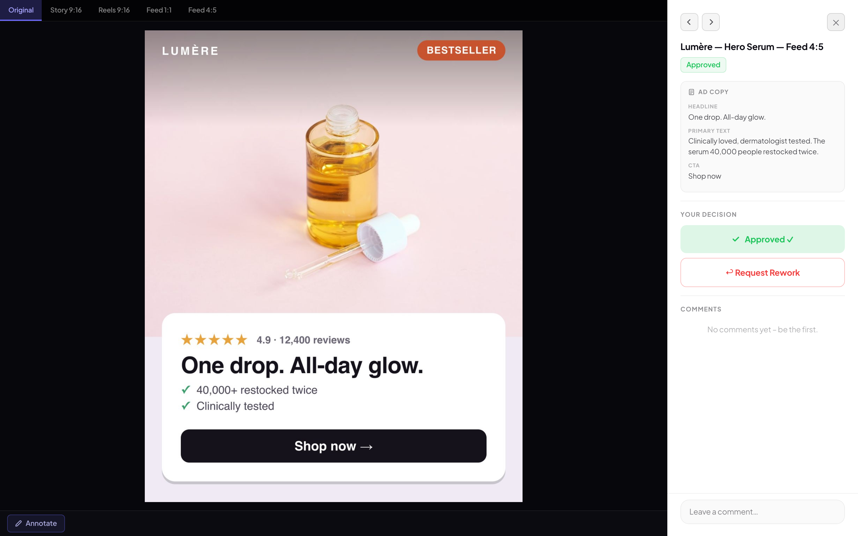 A Lumère ‘Hero Serum’ creative in the approved state, with the ad copy deck and a green Approved decision